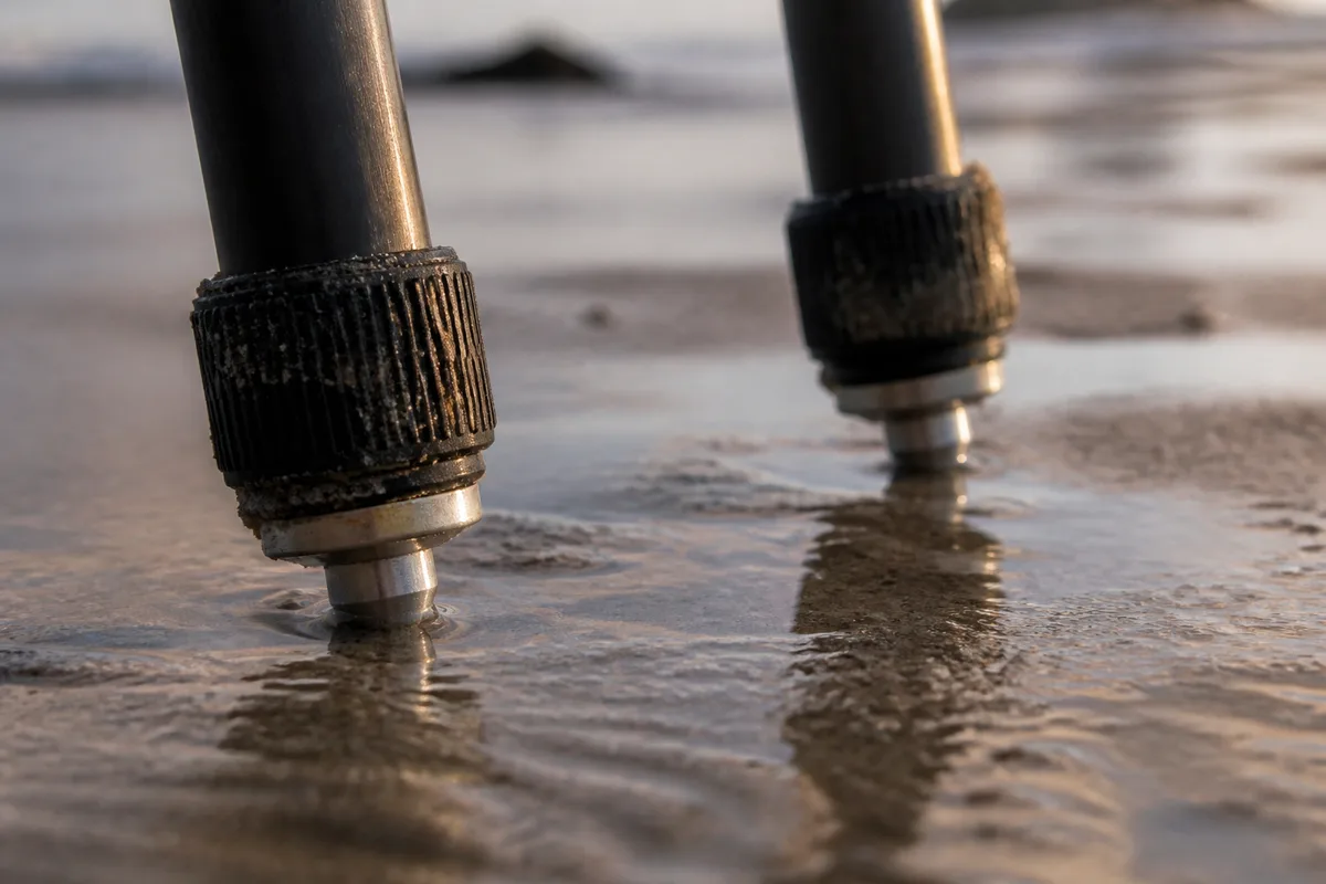 Pointes métalliques d&rsquo;un pied photo plantées dans le sable humide au bord de l&rsquo;eau en lumière rasante