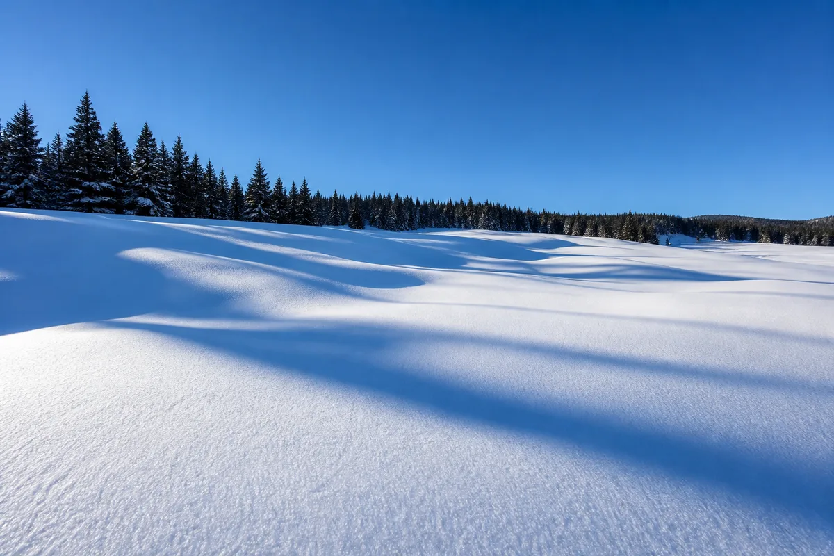 Paysage enneigé en plein soleil, ombres bleutées et surface blanche lumineuse