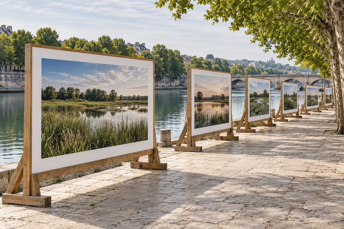 Grands tirages de paysages d&rsquo;étangs exposés en plein air le long d&rsquo;un quai de rivière