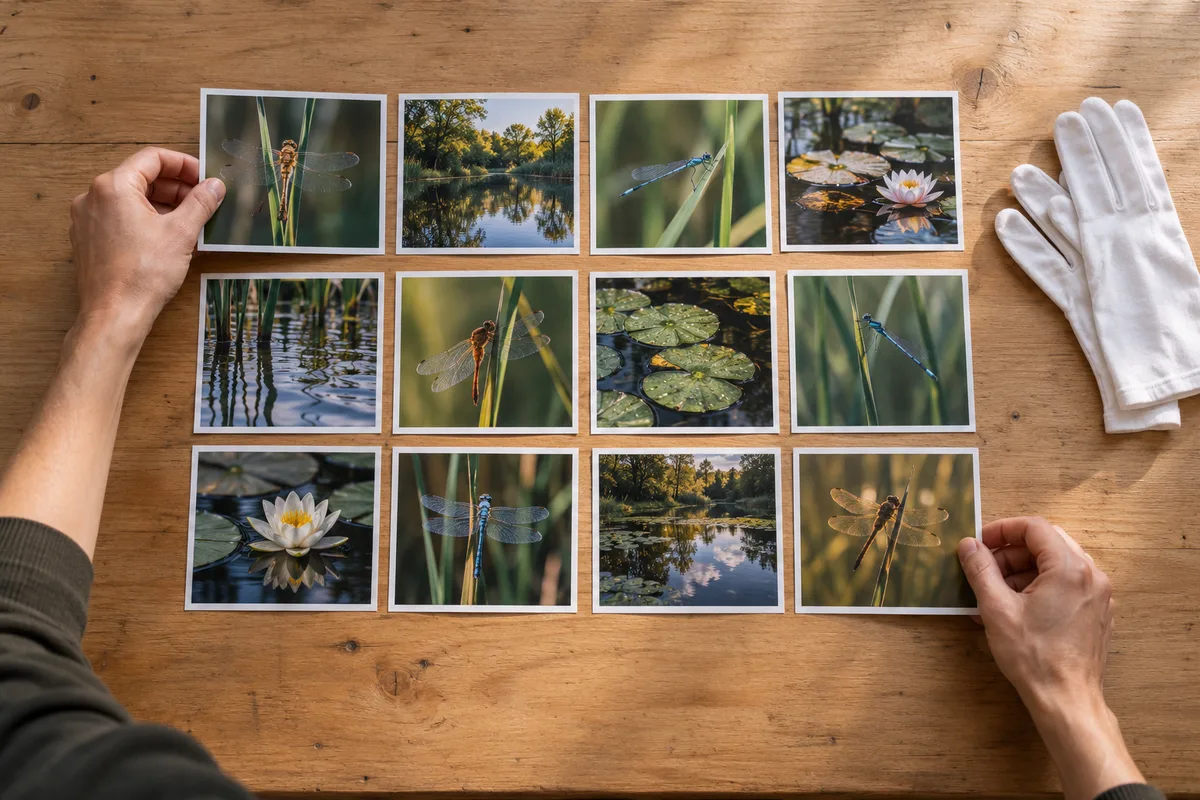 Mains organisant une série de petits tirages nature en grille sur une table en bois clair