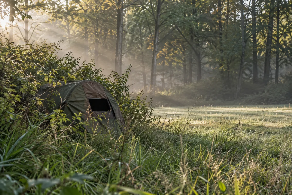 Tente d&rsquo;affût camouflée installée en lisière de forêt dans la brume du petit matin
