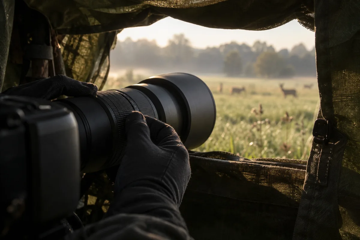Mains gantées posées sur un long téléobjectif sombre à travers l&rsquo;ouverture d&rsquo;une toile de camouflage