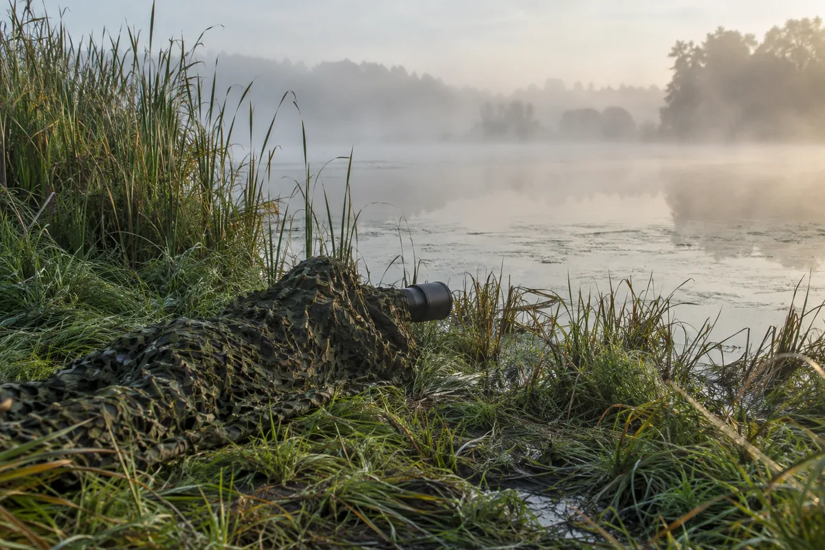 Silhouette de dos allongée sous un filet de camouflage au bord d&rsquo;un étang couvert de brume