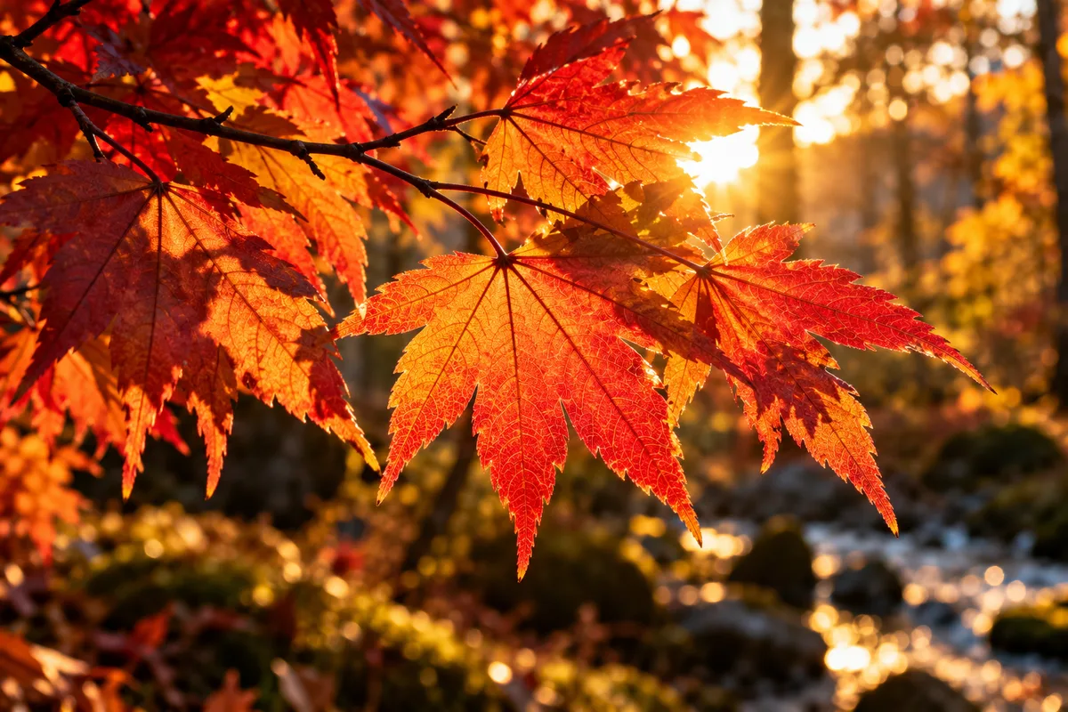 Branche d&rsquo;érable rouge et orangé en contre-jour, nervures éclairées par le soleil bas