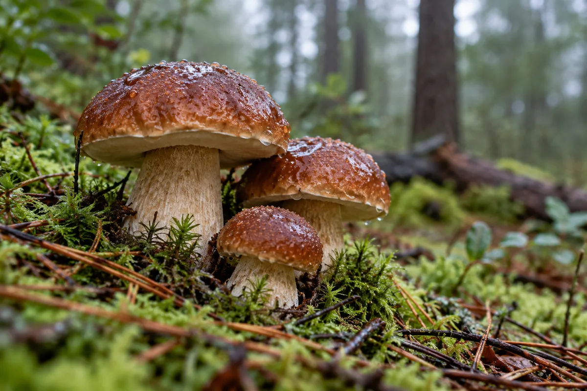 Champignons brun-roux photographiés au ras du sol sur un tapis de mousse