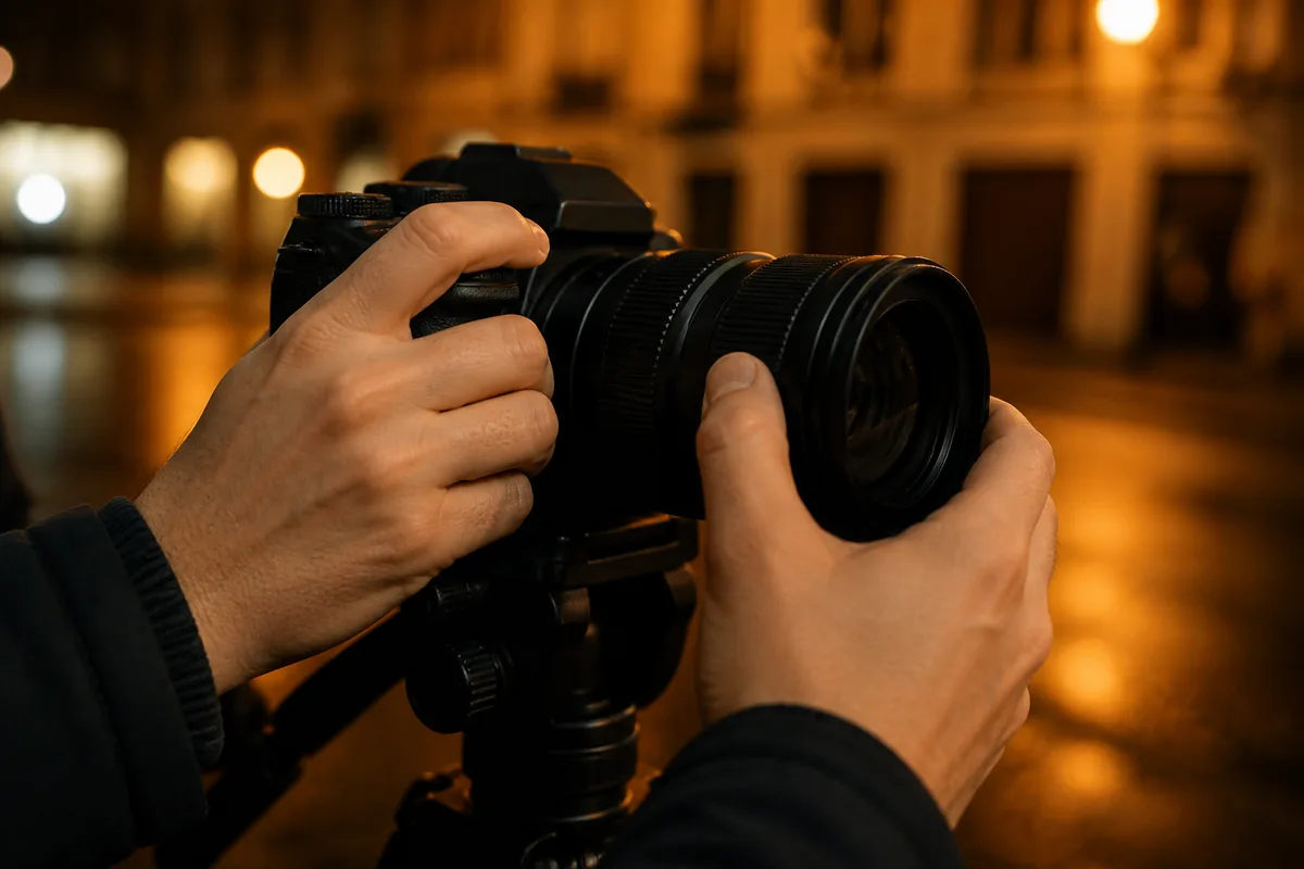 Photographe réglant son boîtier en mode manuel sur trépied dans une rue nocturne
