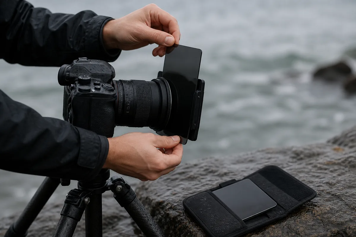 Trépied déployé sur des rochers humides, mains glissant un filtre carré dans son porte-filtre