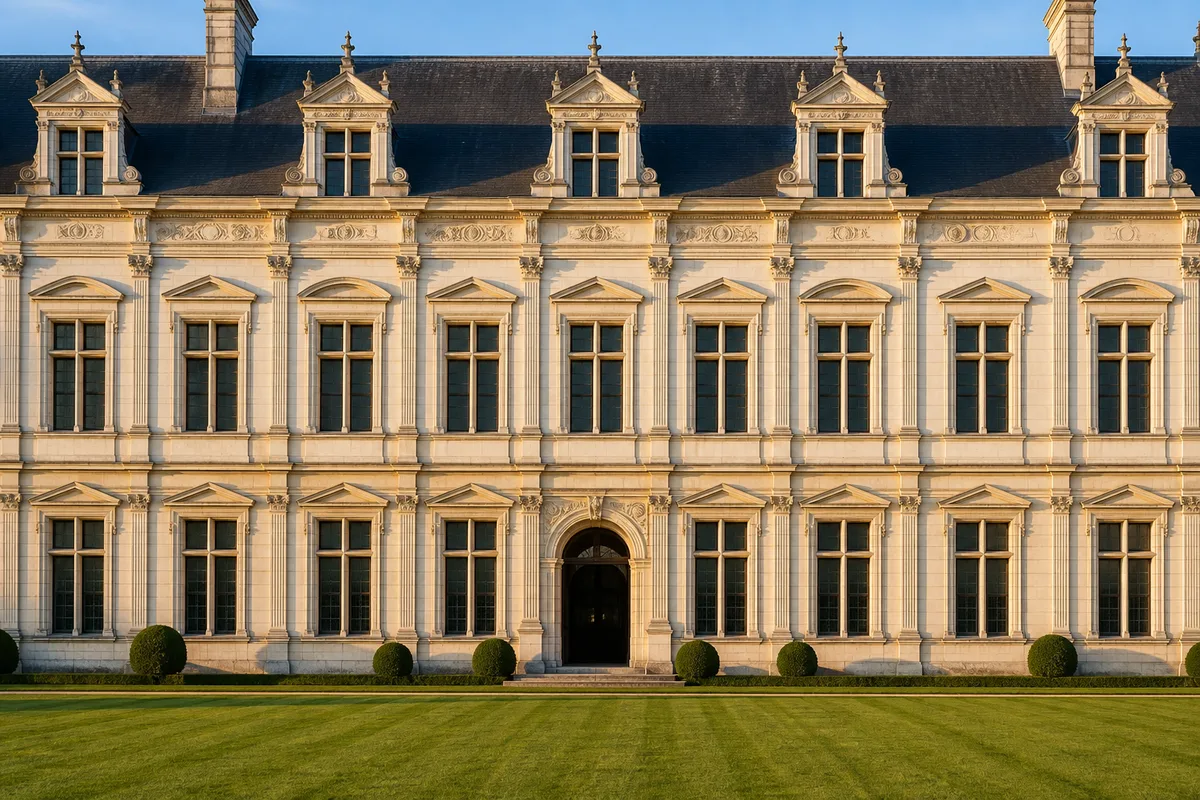 Façade Renaissance en pierre de tuffeau éclairée par une lumière rasante de fin de journée