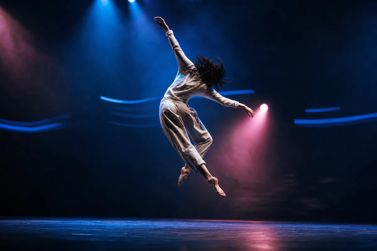 Danseuse figée au sommet d&rsquo;un saut sous des projecteurs colorés, léger filé lumineux en arrière-plan