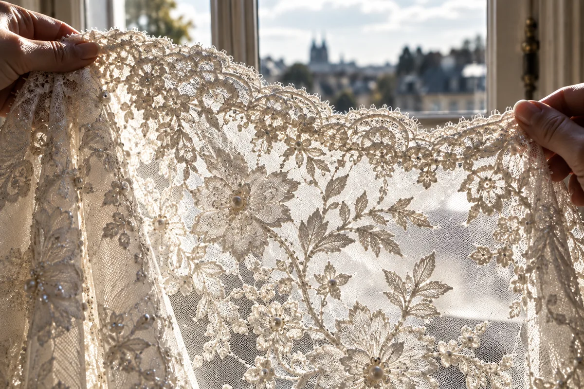Dentelle claire tendue en contre-jour devant une fenêtre haute