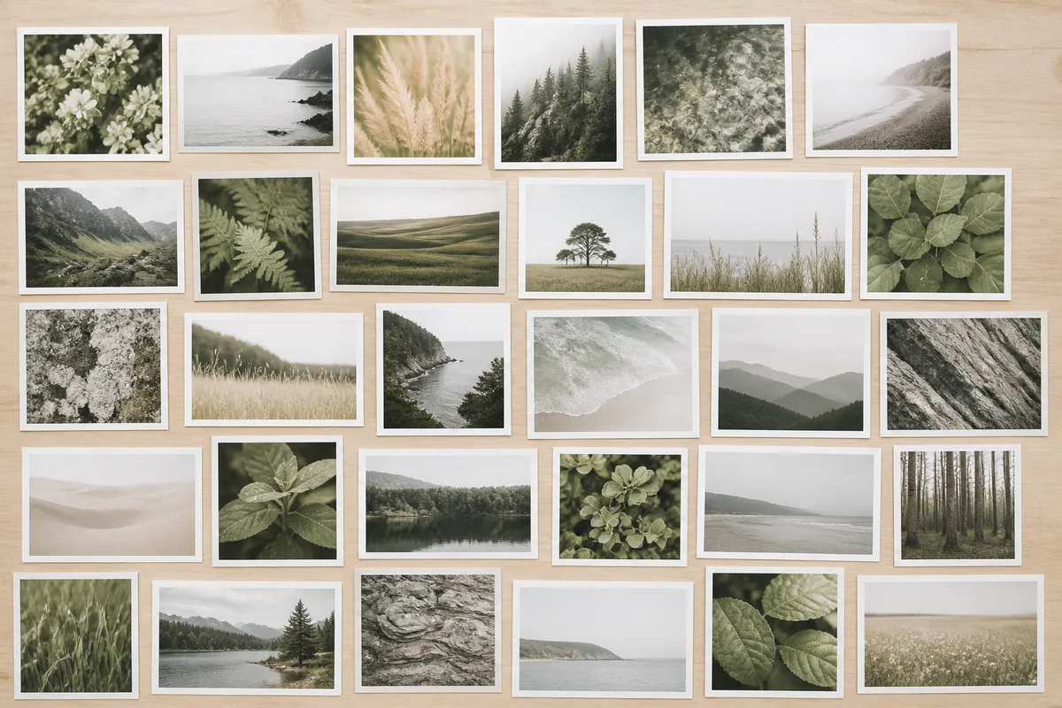 Tirages photo étalés en grille sur un plan de travail en bois clair vus de dessus