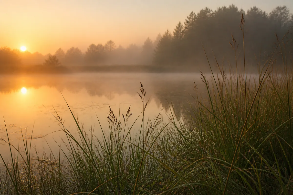 Étang bordé de roseaux dans la brume matinale sous une lumière dorée rasante