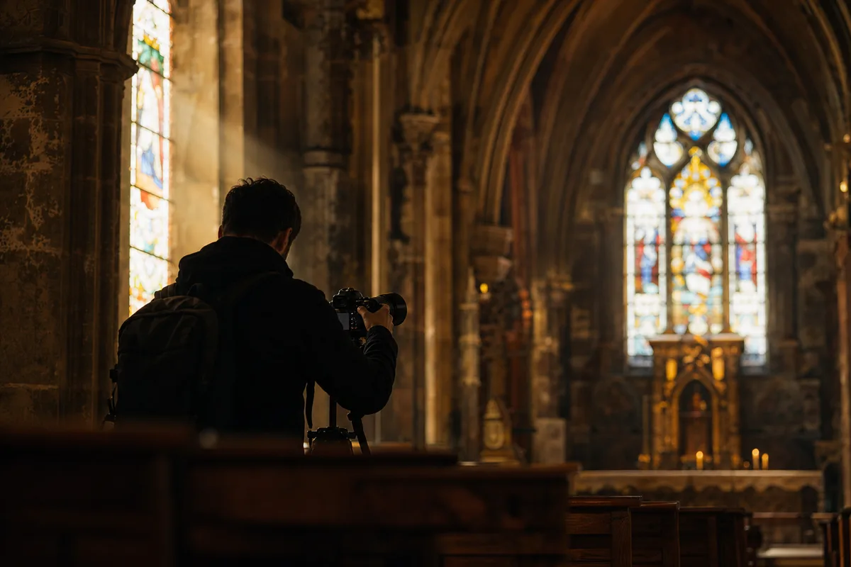 Photographe professionnel réglant son boîtier plein format dans une église en basse lumière
