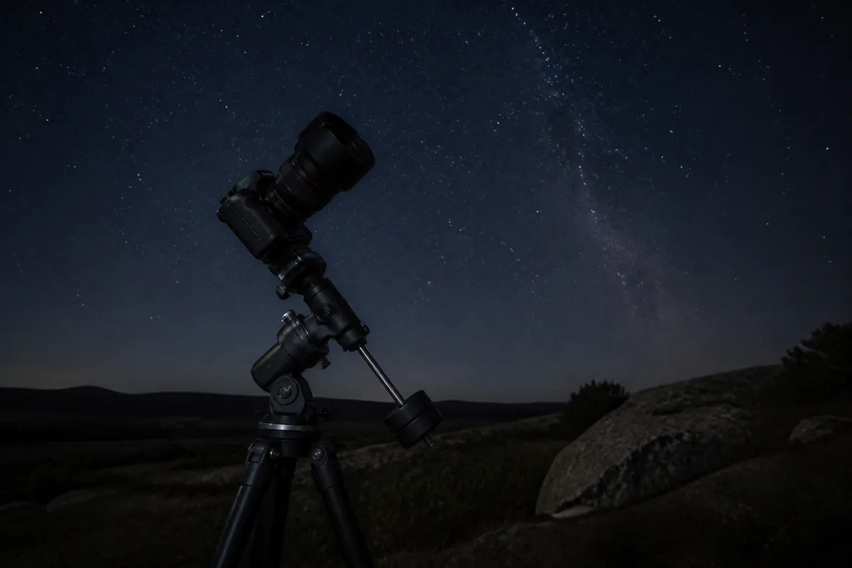 Boîtier photo et objectif lumineux montés sur une petite monture de suivi en extérieur