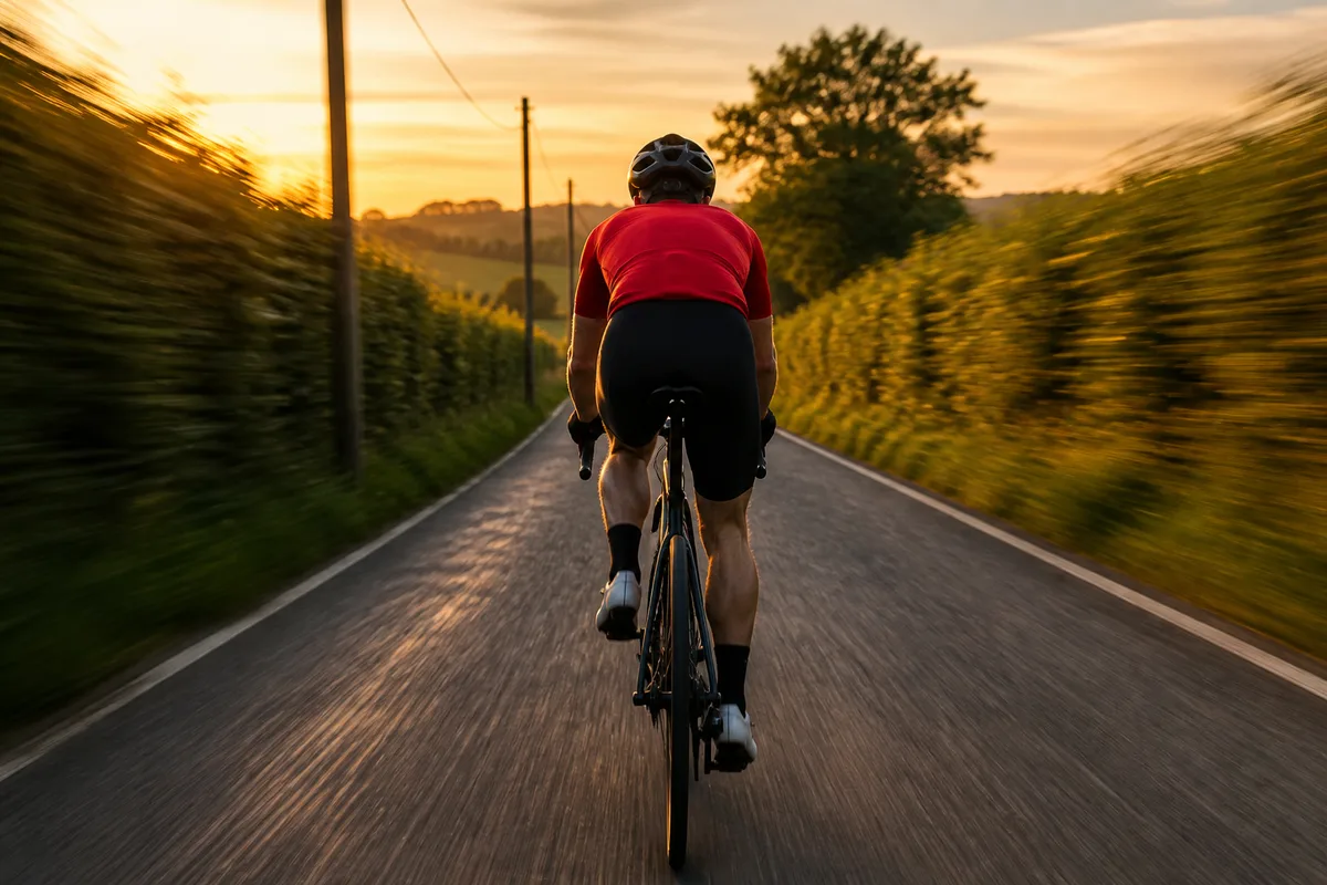 Cycliste vu de dos en filé sur une route de campagne, décor étiré en stries horizontales