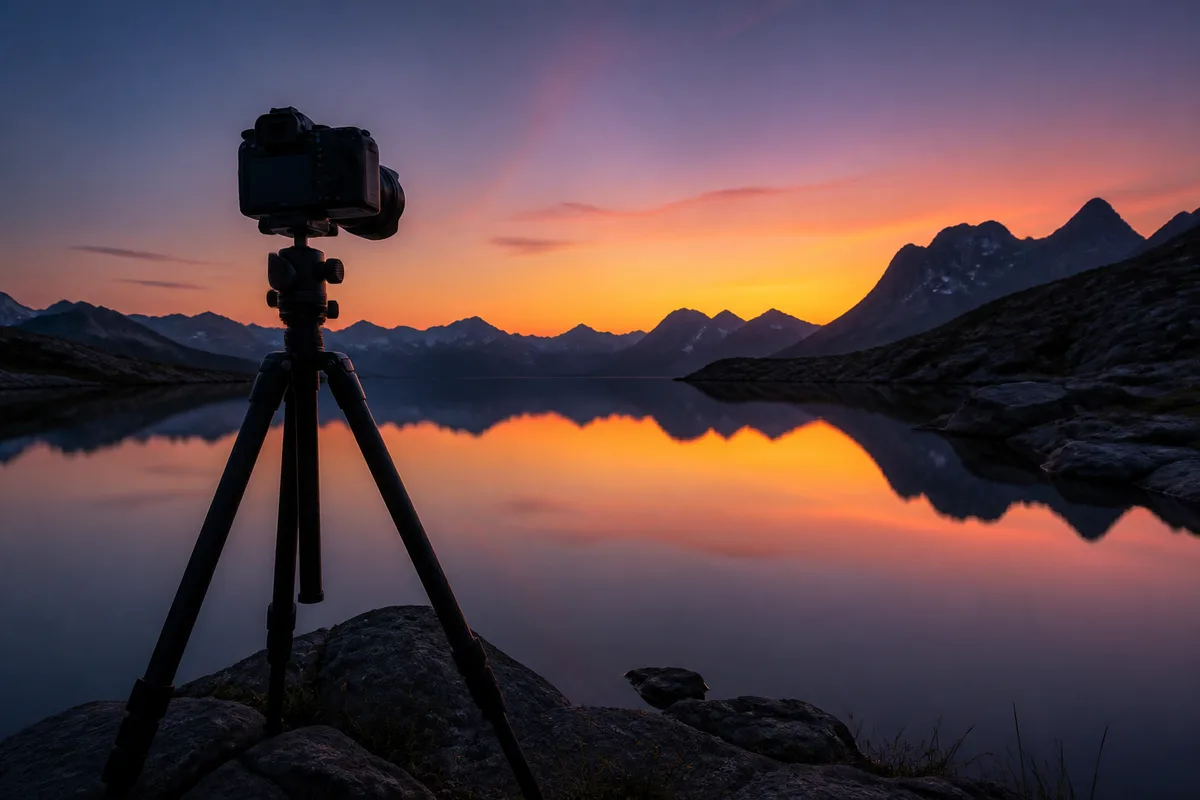 Appareil photo sur trépied au bord d’un lac au crépuscule, surface de l’eau lissée en miroir